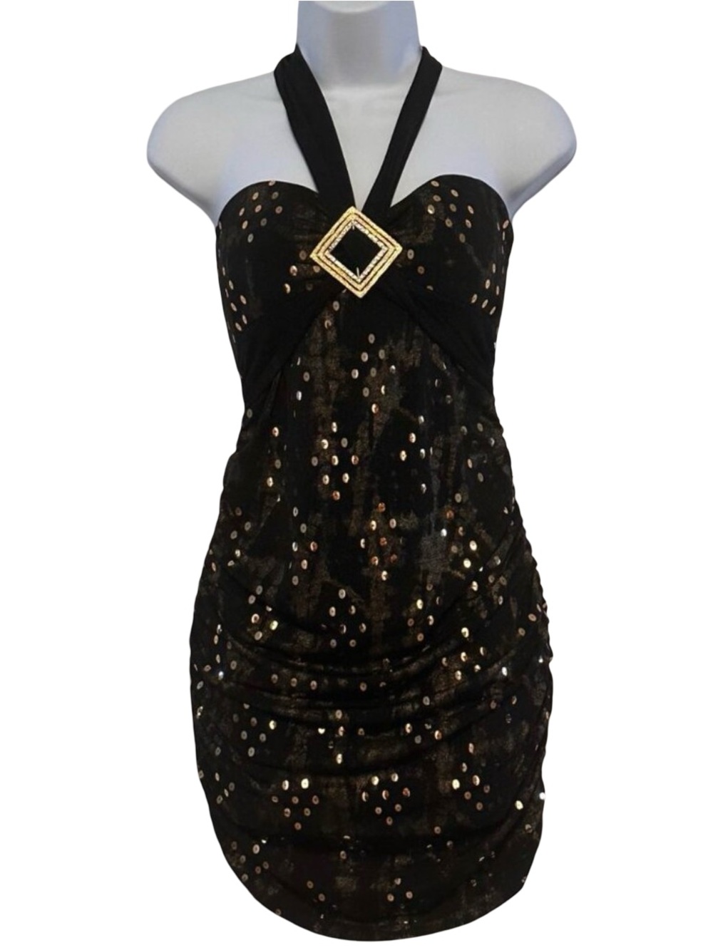 Black Halter Sequin Mini Dress With Gold Diamond Accent By Janice G/L